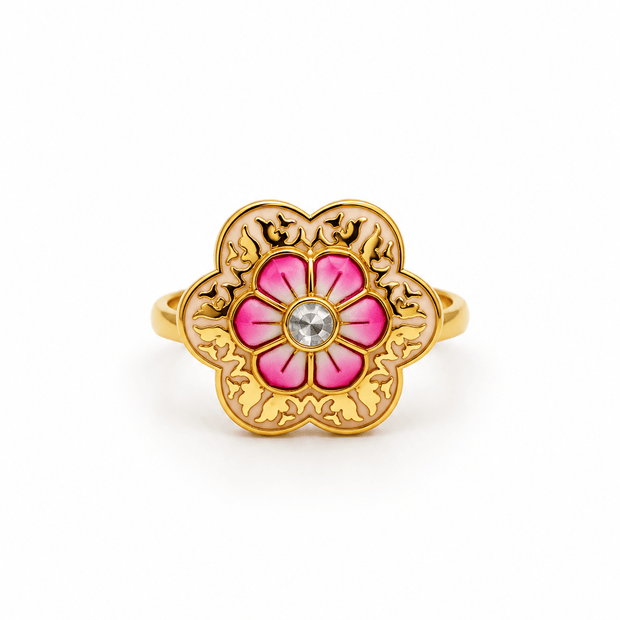Bhavmayi Pink Floral Gold-Tone Statement Ring - bhavmayi
