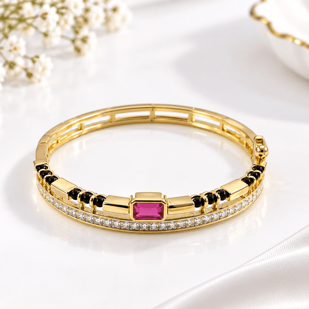 Bhavmayi Pink Gemstone Multi-Rail Gold-Tone Designer Bangle - bhavmayi