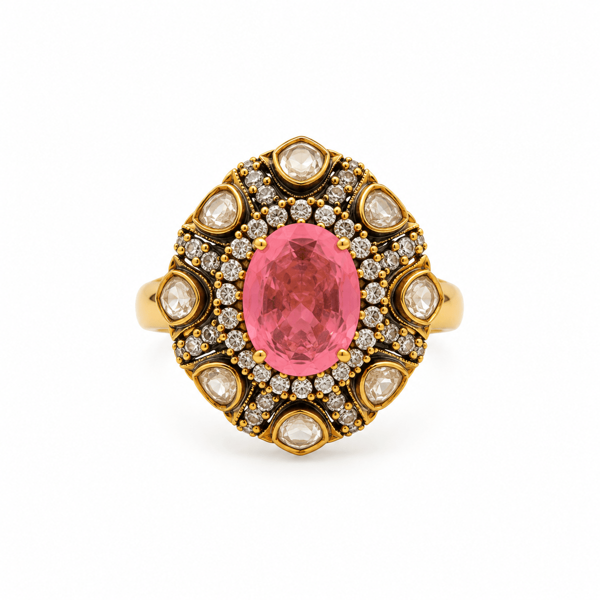 Bhavmayi pink oval crystal statement ring with clear stones and ornate gold-tone detailing - bhavmayi