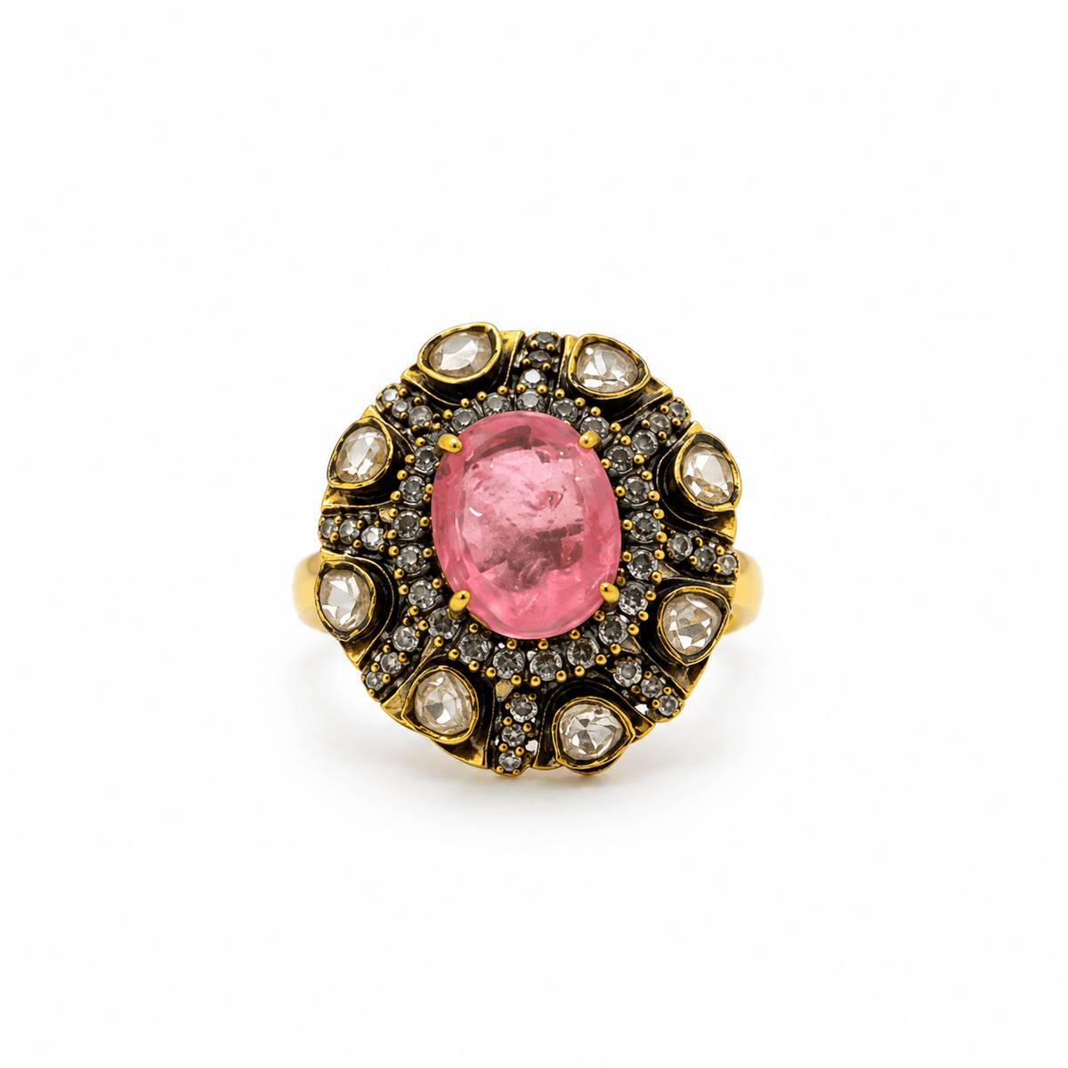 Bhavmayi pink oval crystal statement ring with clear stones and ornate gold-tone detailing - bhavmayi