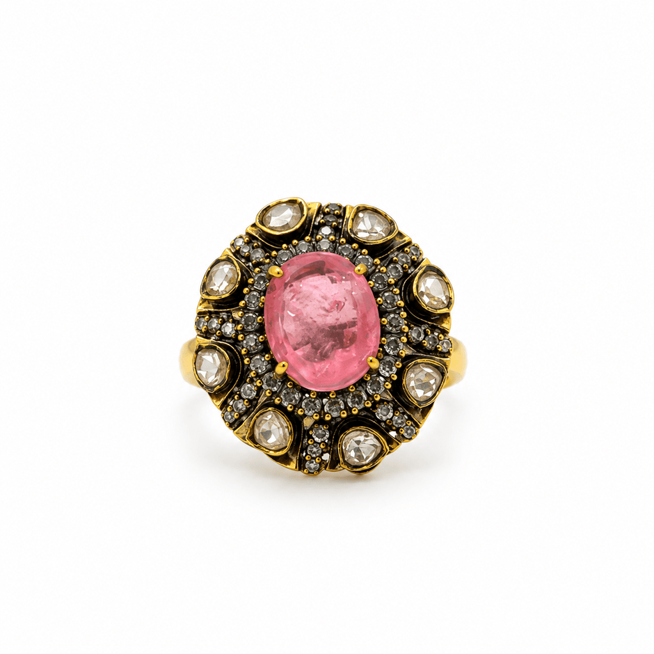 Bhavmayi pink oval crystal statement ring with clear stones and ornate gold-tone detailing - bhavmayi