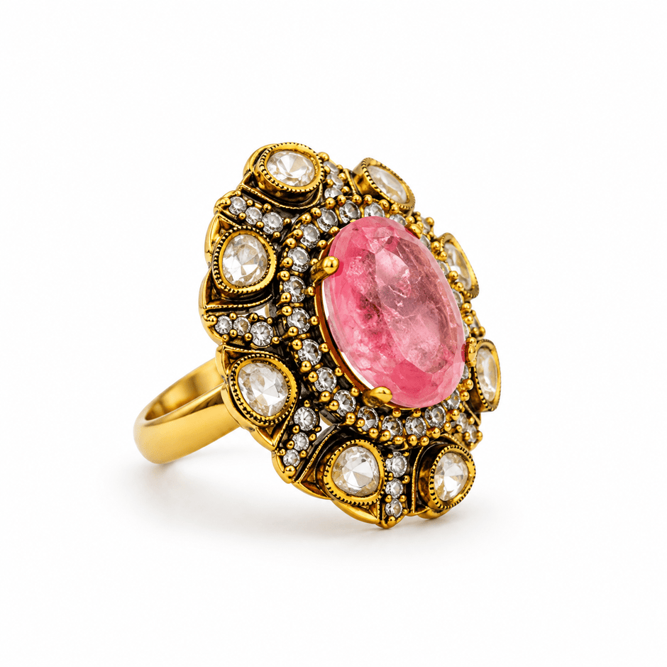Bhavmayi pink oval crystal statement ring with clear stones and ornate gold-tone detailing - bhavmayi