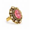Bhavmayi pink oval crystal statement ring with clear stones and ornate gold-tone detailing - bhavmayi