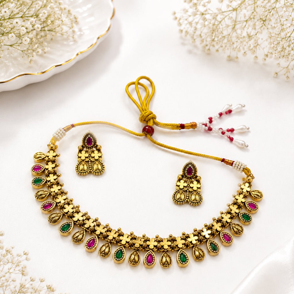 Bhavmayi Rajwada Floral Ruby & Emerald Necklace Set - bhavmayi