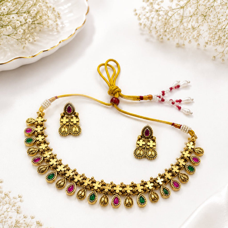 Bhavmayi Rajwada Floral Ruby & Emerald Necklace Set - bhavmayi