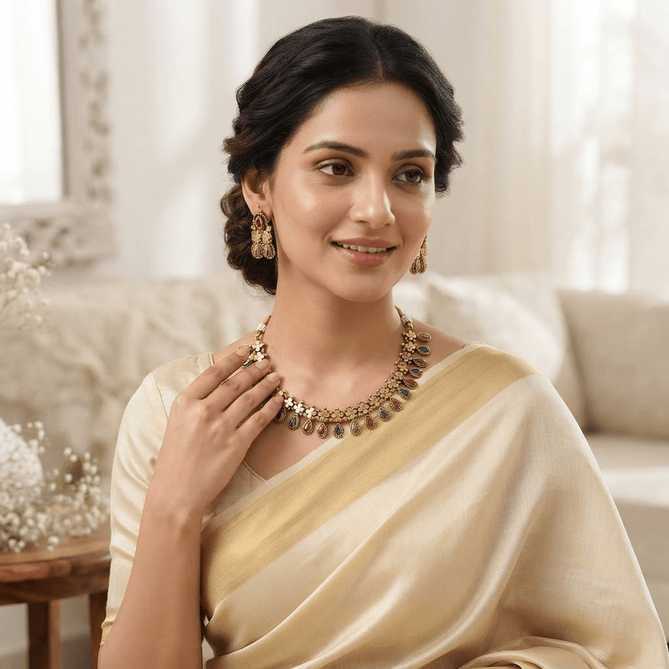 Bhavmayi Rajwada Floral Ruby & Emerald Necklace Set - bhavmayi