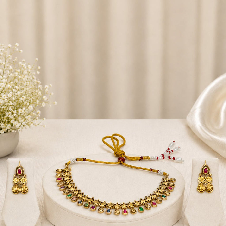 Bhavmayi Rajwada Floral Ruby & Emerald Necklace Set - bhavmayi