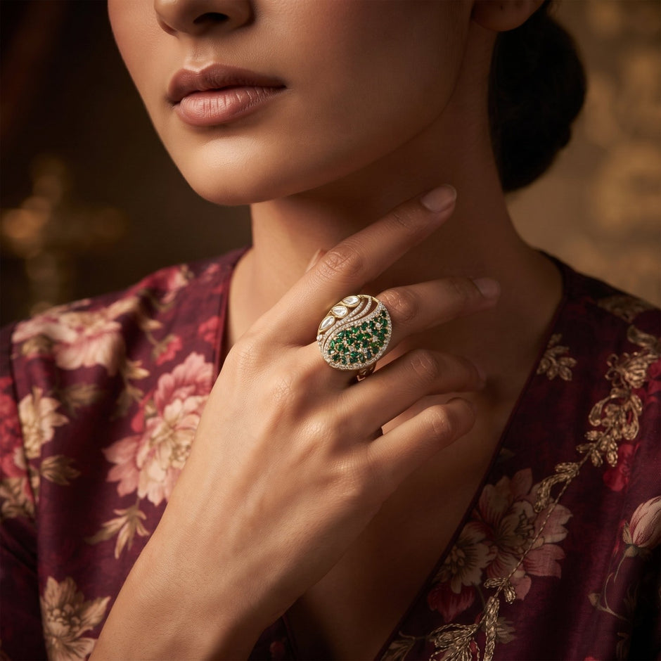 Bhavmayi Regal Emeralds Polki & Diamonds-Style Floral Statement Ring - bhavmayi