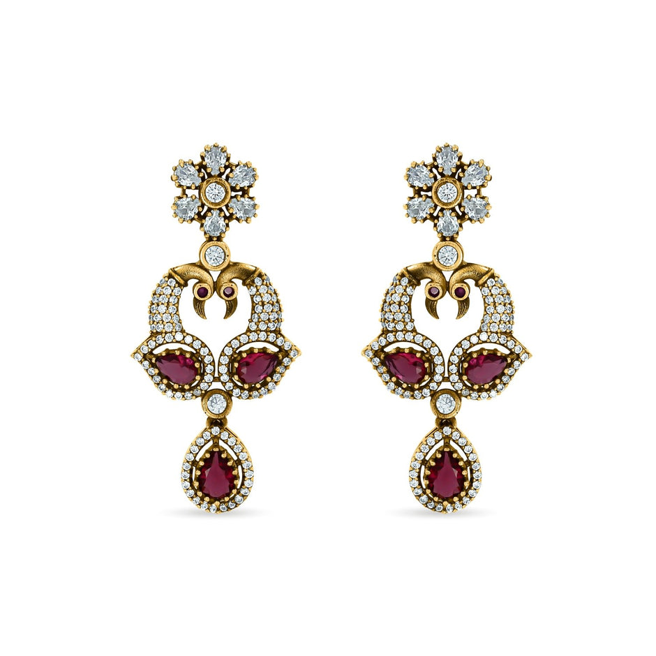 Bhavmayi Regal Peacock-Motif Ruby, Diamond-Polki-Style Heritage Necklace Set with Earrings - bhavmayi