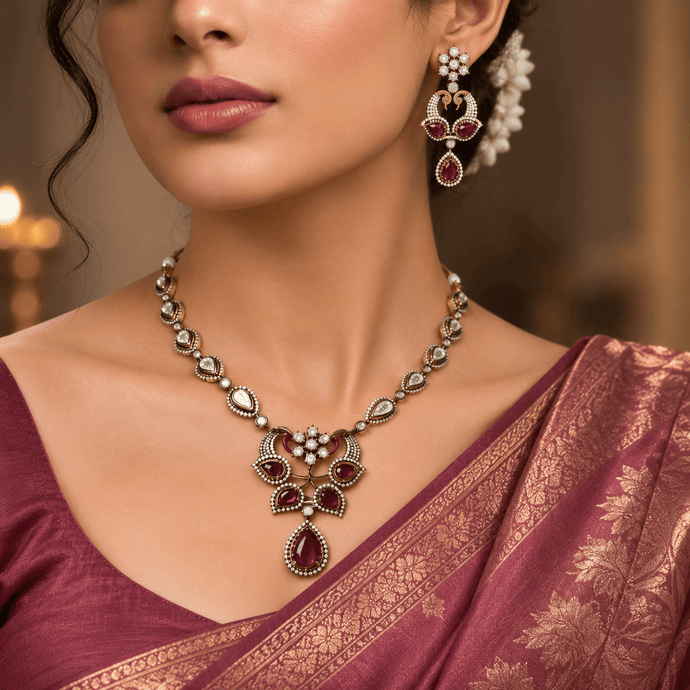 Bhavmayi Regal Peacock-Motif Ruby, Diamond-Polki-Style Heritage Necklace Set with Earrings - bhavmayi