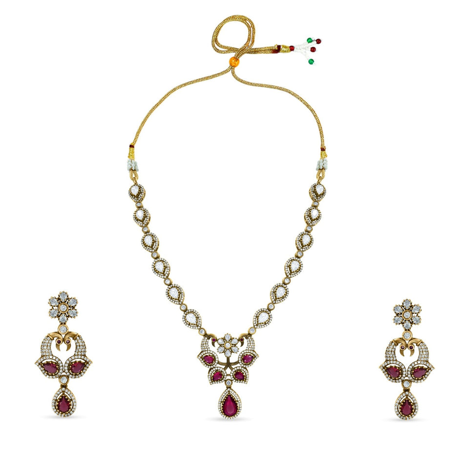 Bhavmayi Regal Peacock-Motif Ruby, Diamond-Polki-Style Heritage Necklace Set with Earrings - bhavmayi