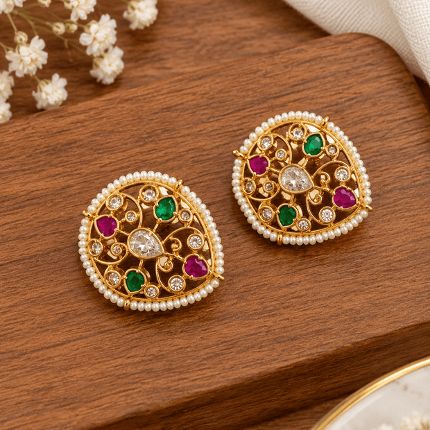 Bhavmayi Regal Pearl Border Multicolour Statement Stud Earrings - bhavmayi