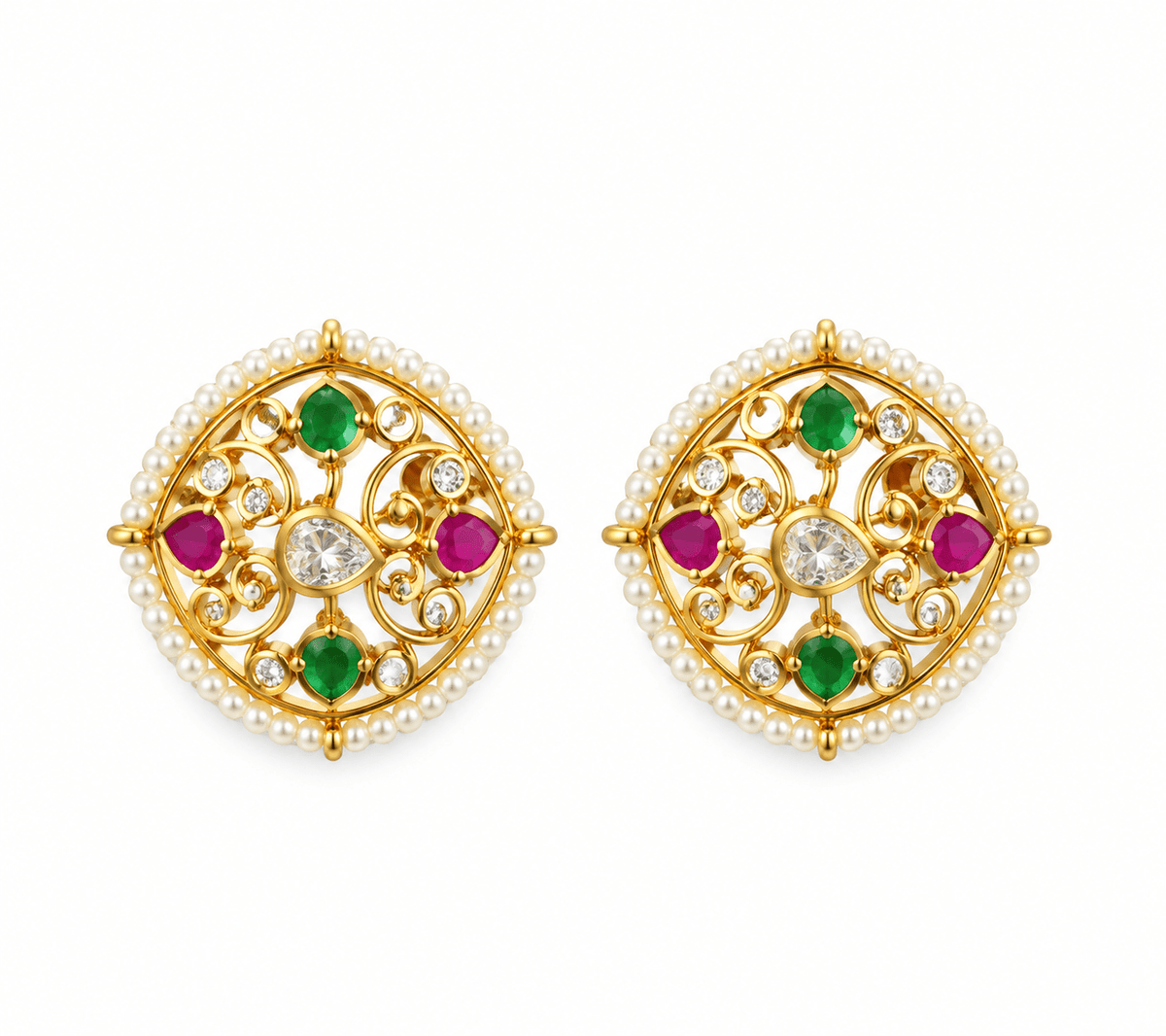 Bhavmayi Regal Pearl Border Multicolour Statement Stud Earrings - bhavmayi