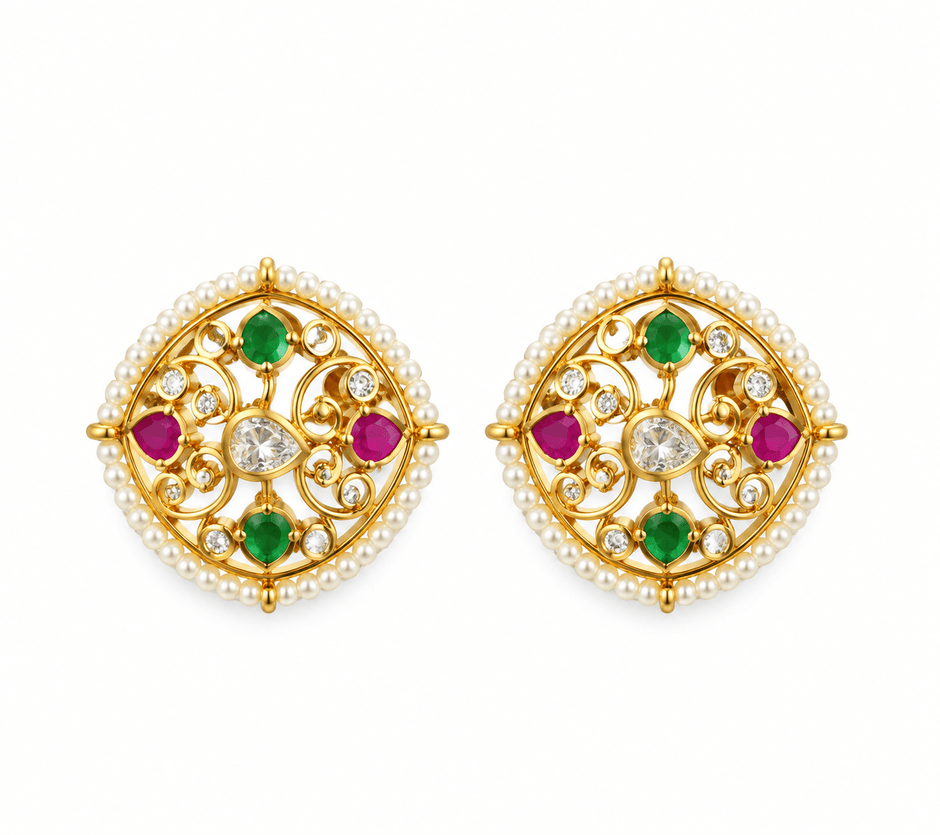 Bhavmayi Regal Pearl Border Multicolour Statement Stud Earrings - bhavmayi