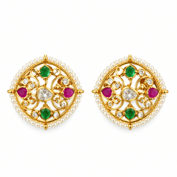 Bhavmayi Regal Pearl Border Multicolour Statement Stud Earrings - bhavmayi