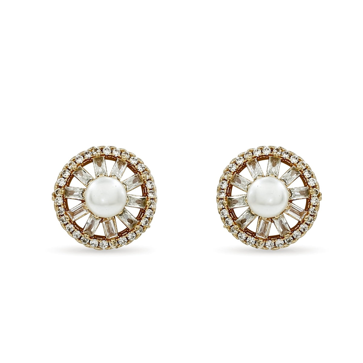 Bhavmayi Rose Gold Freshwater Pearl Stud Earrings with Baguette Cut Crystal Sunburst Halo - bhavmayi