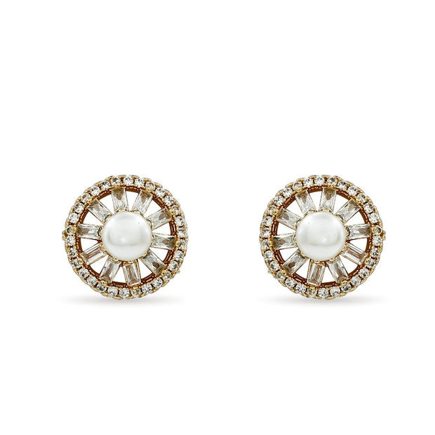 Bhavmayi Rose Gold Freshwater Pearl Stud Earrings with Baguette Cut Crystal Sunburst Halo - bhavmayi