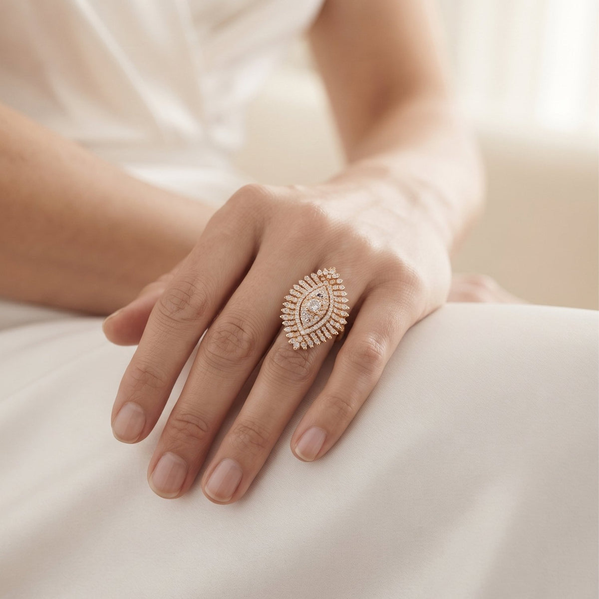 Bhavmayi Rose Gold Marquise-Shaped with Solitaire Center Cubic Zirconia Cluster Cocktail Ring - bhavmayi