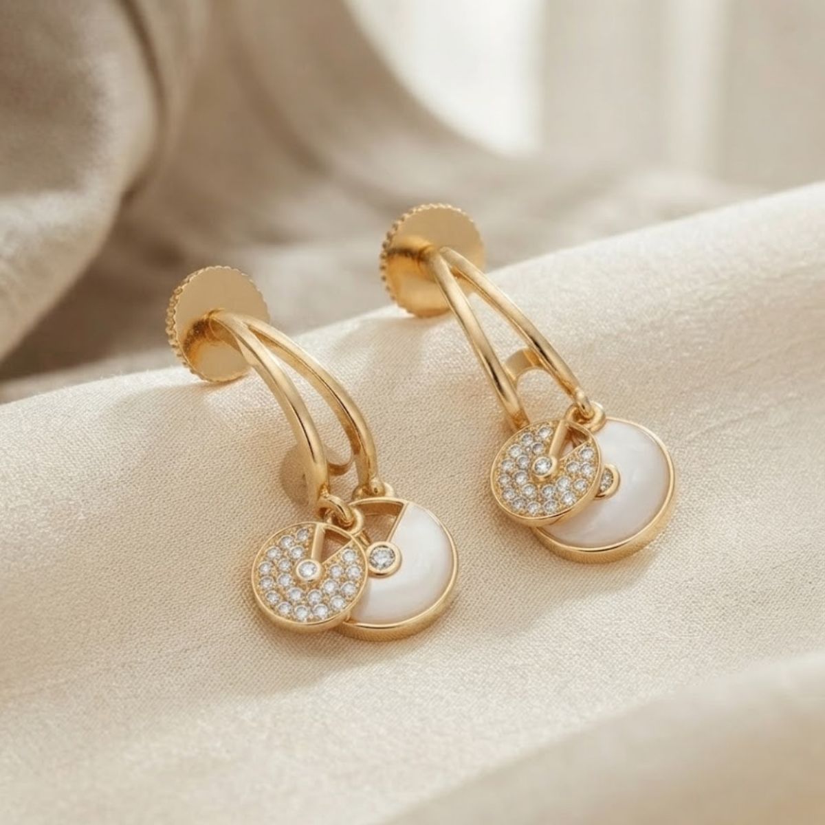 Bhavmayi Rose Gold Plated Curved Half-Hoop Earrings with Pave Crystal & Nude Enamel Dual Disc Charms - bhavmayi