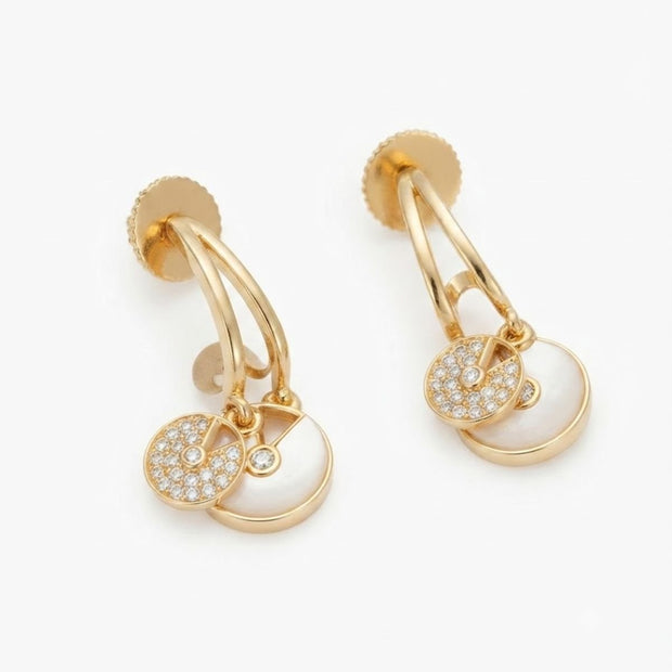 Bhavmayi Rose Gold Plated Curved Half-Hoop Earrings with Pave Crystal & Nude Enamel Dual Disc Charms - bhavmayi