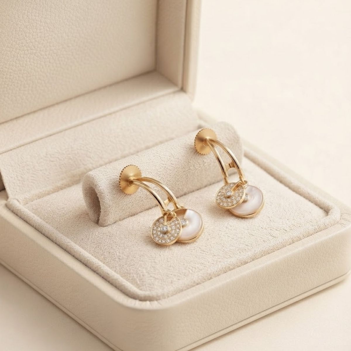 Bhavmayi Rose Gold Plated Curved Half-Hoop Earrings with Pave Crystal & Nude Enamel Dual Disc Charms - bhavmayi