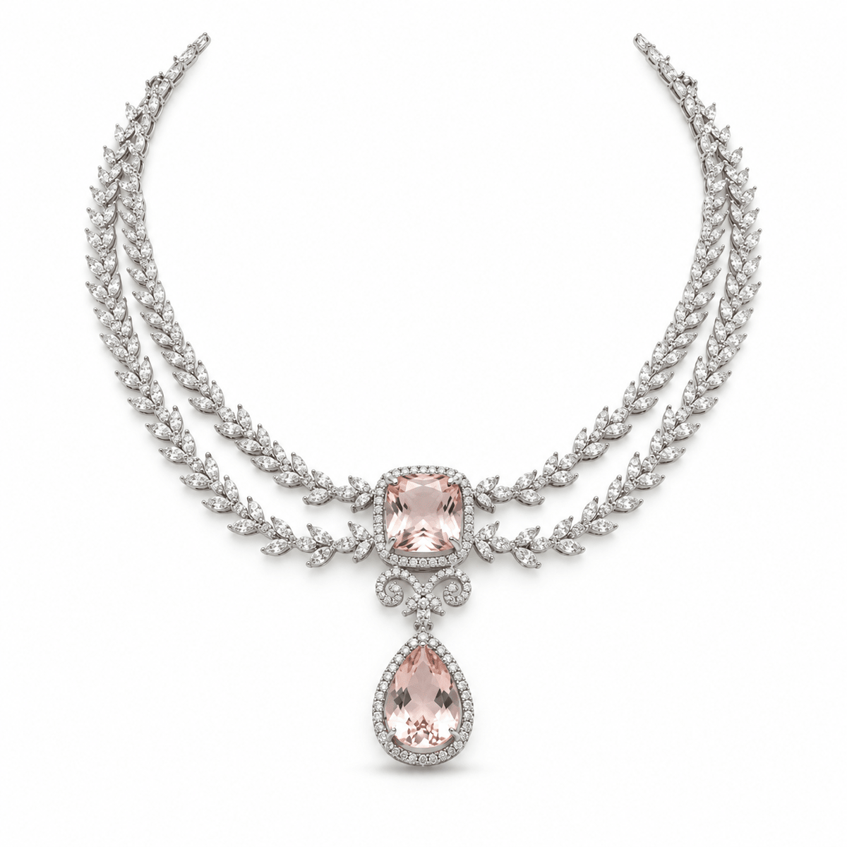 Bhavmayi rose gold-tone layered necklace set with pink square and teardrop accents and matching earrings - bhavmayi