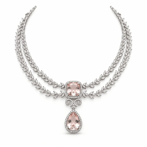 Bhavmayi rose gold-tone layered necklace set with pink square and teardrop accents and matching earrings - bhavmayi