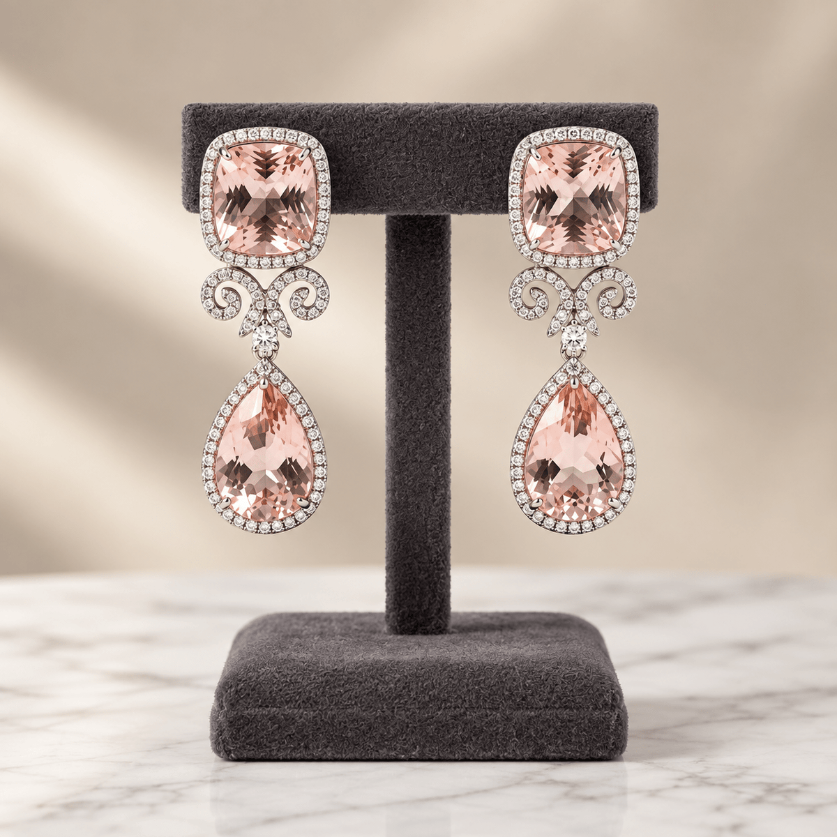Bhavmayi rose gold-tone layered necklace set with pink square and teardrop accents and matching earrings - bhavmayi