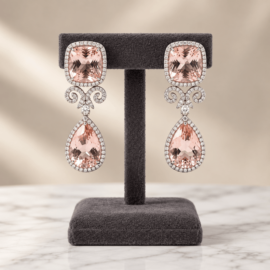 Bhavmayi rose gold-tone layered necklace set with pink square and teardrop accents and matching earrings - bhavmayi