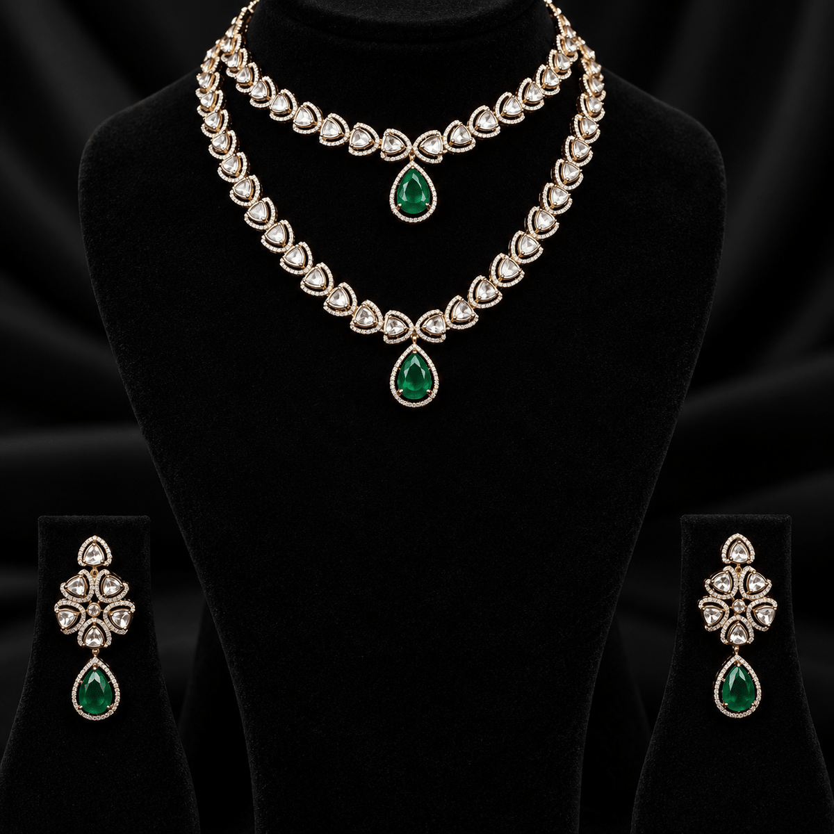 Bhavmayi rose gold-tone layered necklace with triangular clear accents and two green faceted teardrop pendants - bhavmayi