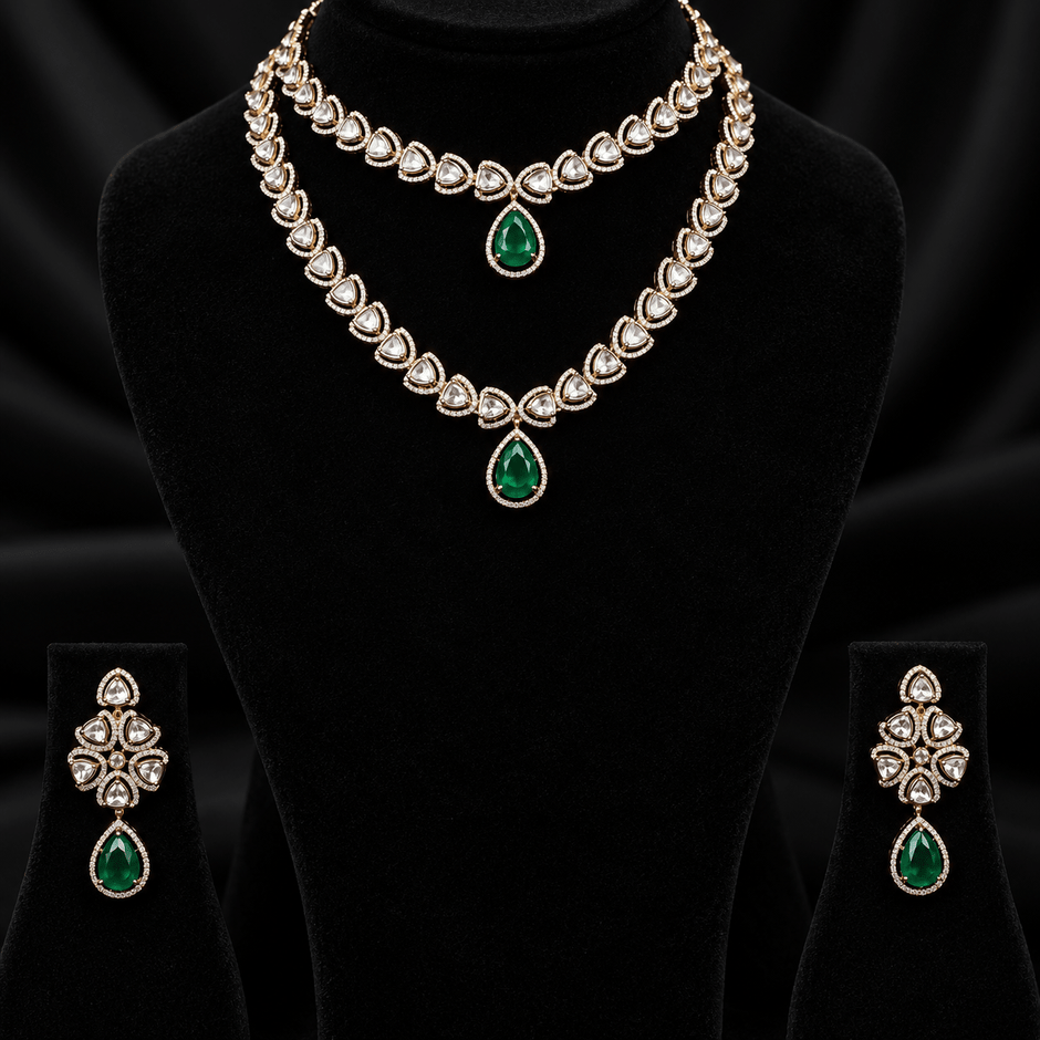 Bhavmayi rose gold-tone layered necklace with triangular clear accents and two green faceted teardrop pendants - bhavmayi