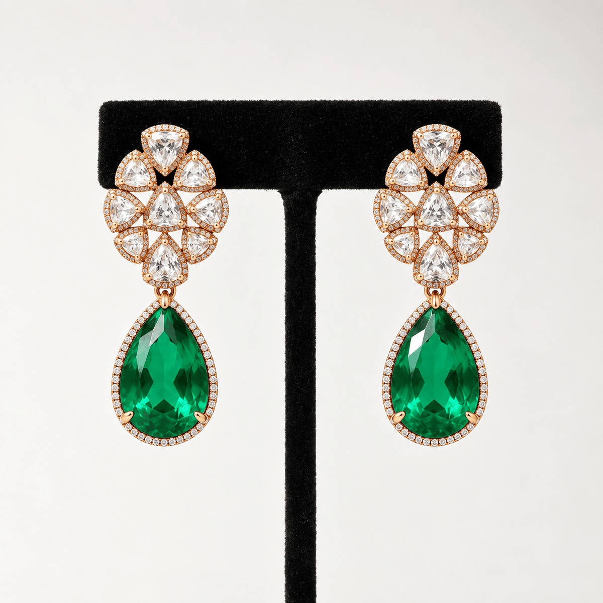 Bhavmayi rose gold-tone layered necklace with triangular clear accents and two green faceted teardrop pendants - bhavmayi