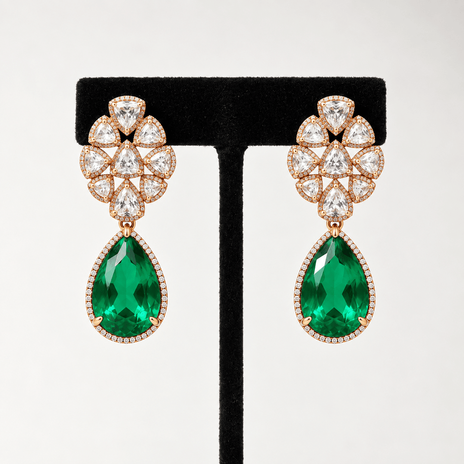 Bhavmayi rose gold-tone layered necklace with triangular clear accents and two green faceted teardrop pendants - bhavmayi