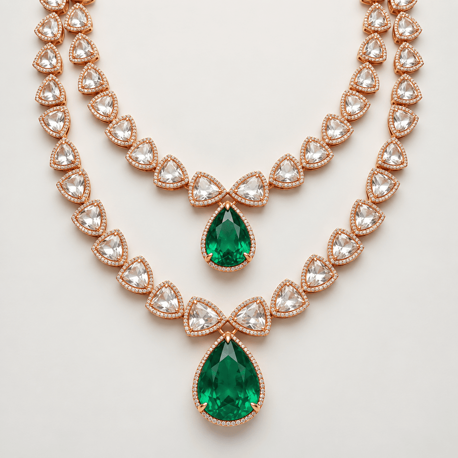 Bhavmayi rose gold-tone layered necklace with triangular clear accents and two green faceted teardrop pendants - bhavmayi