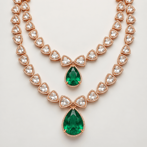 Bhavmayi rose gold-tone layered necklace with triangular clear accents and two green faceted teardrop pendants - bhavmayi