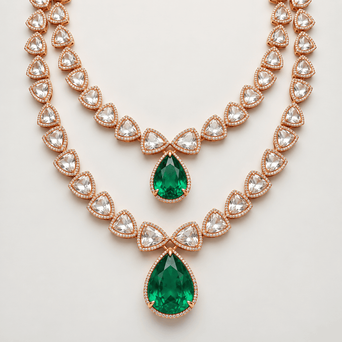 Bhavmayi rose gold-tone layered necklace with triangular clear accents and two green faceted teardrop pendants - bhavmayi