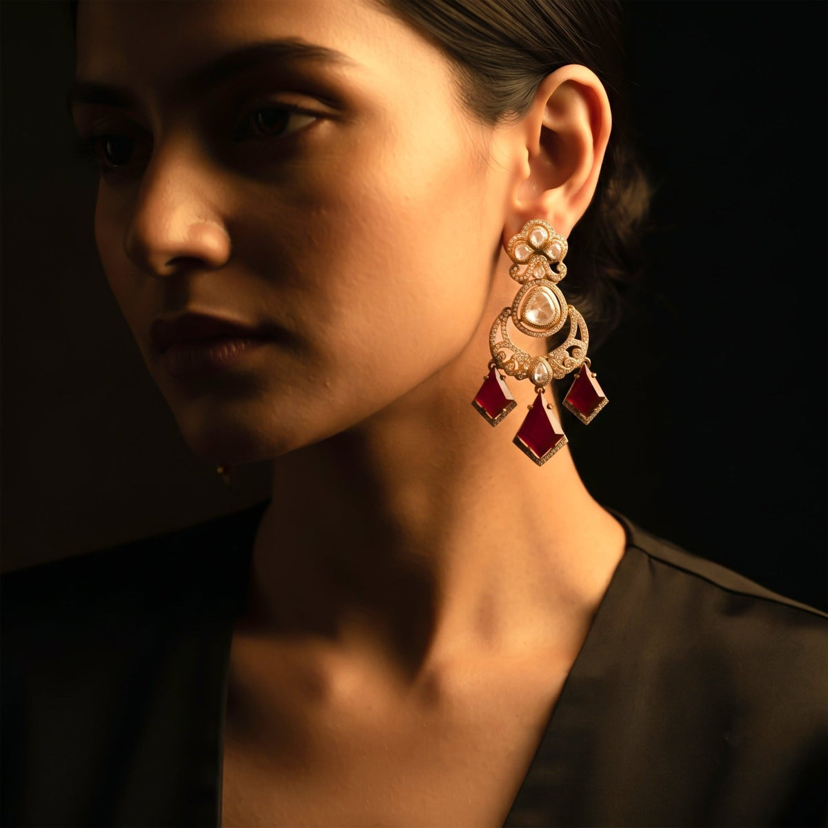 Bhavmayi Royal Chandbali Red Ruby Kite-Drop Statement Earrings with Intricate Gold Filigree Accent - bhavmayi