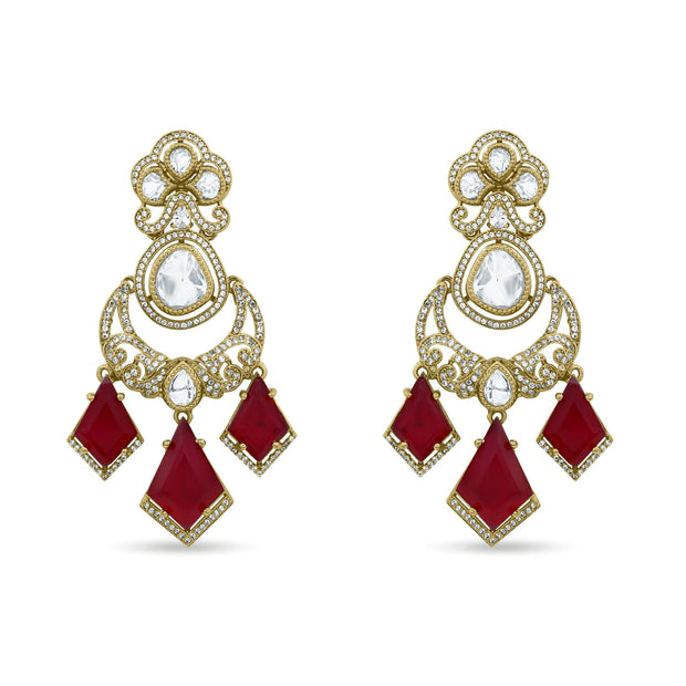 Bhavmayi Royal Chandbali Red Ruby Kite-Drop Statement Earrings with Intricate Gold Filigree Accent - bhavmayi