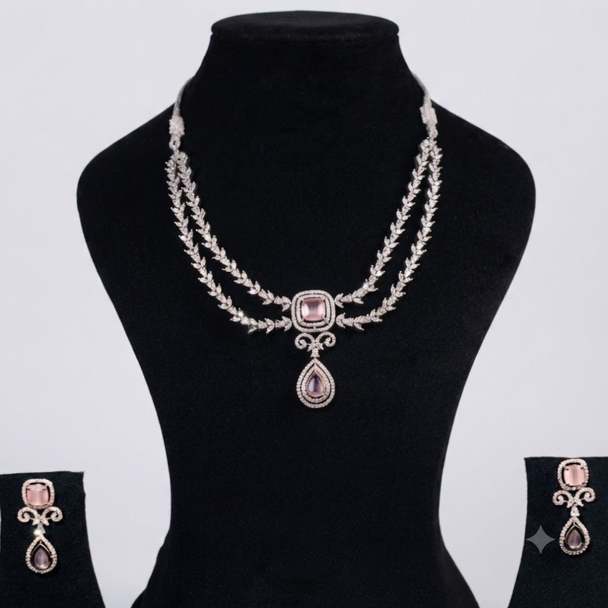 Bhavmayi Royal Diamonds and Blush Pink Cushion Stone Necklace Set with Pink Teardrop & Cushion Stone Diamond Style Statement Earrings - bhavmayi