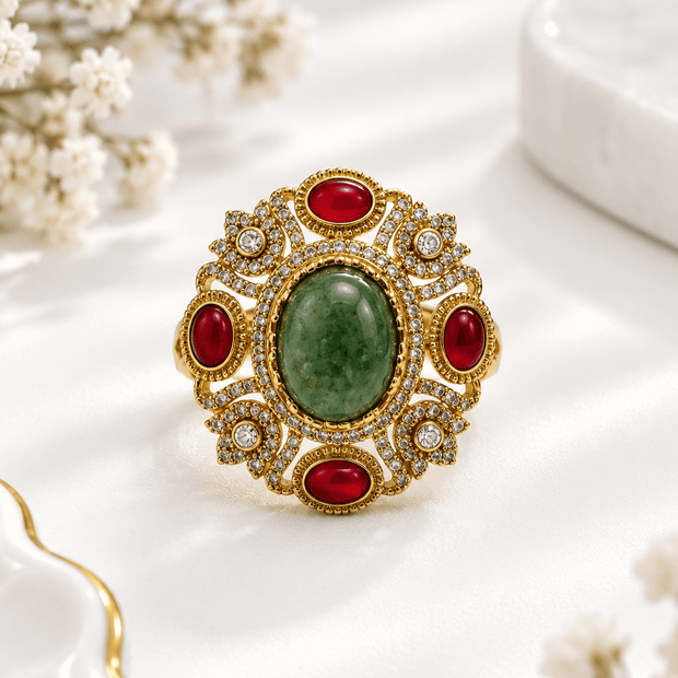 Bhavmayi Royal Green & Red Statement Stone Ring - bhavmayi