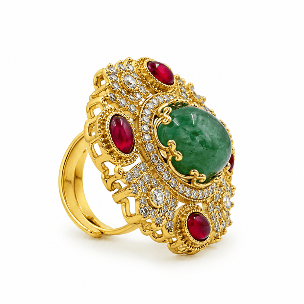 Bhavmayi Royal Green & Red Statement Stone Ring - bhavmayi