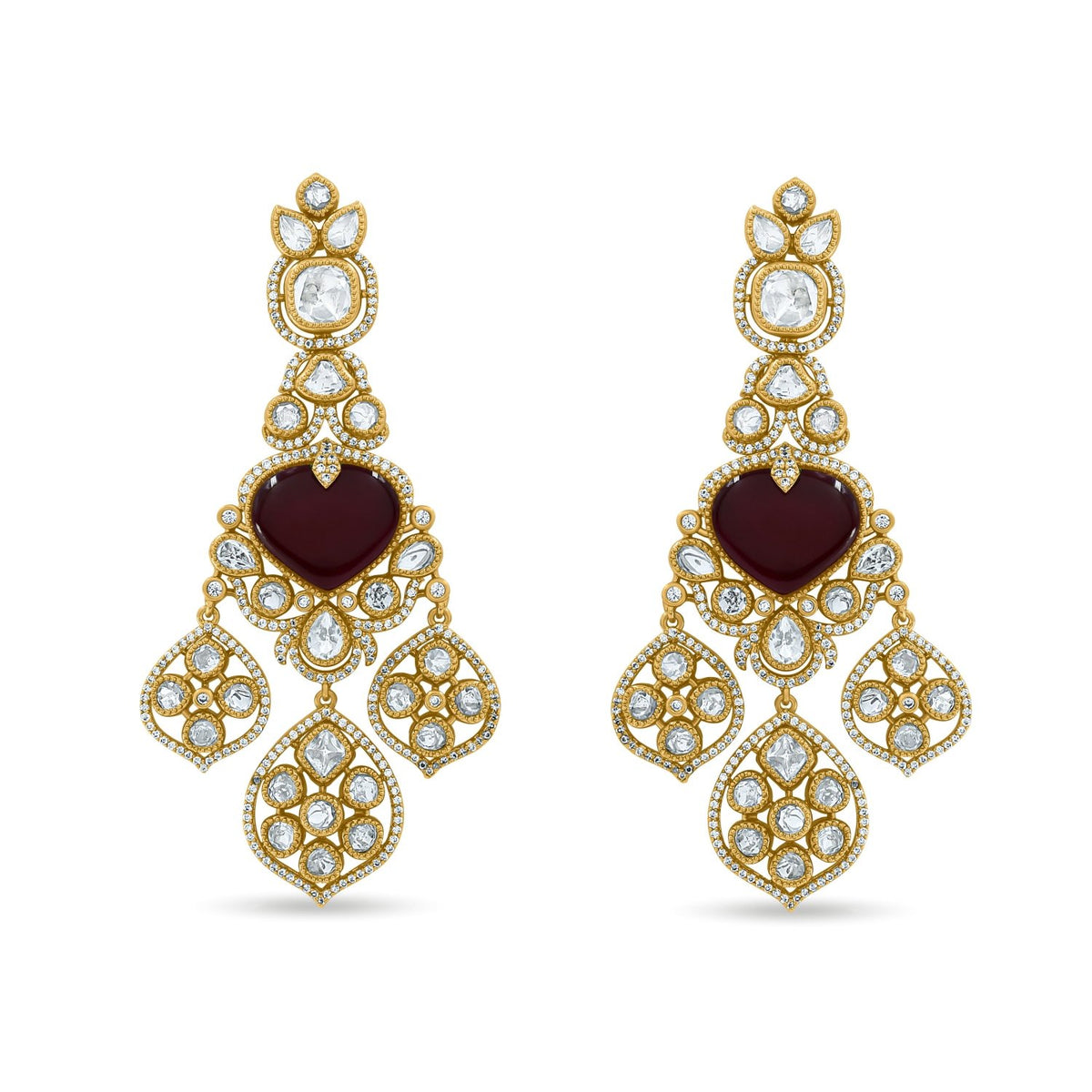Bhavmayi Royal Heart-Drop Emerald & Gold Filigree Statement Earrings - bhavmayi