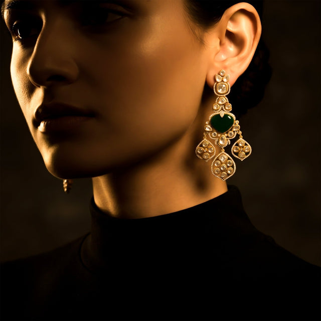Bhavmayi Royal Heart-Drop Emerald & Gold Filigree Statement Earrings - bhavmayi