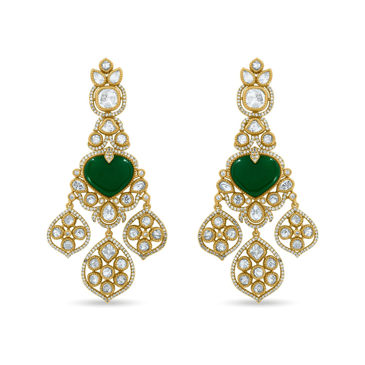 Bhavmayi Royal Heart-Drop Emerald & Gold Filigree Statement Earrings - bhavmayi