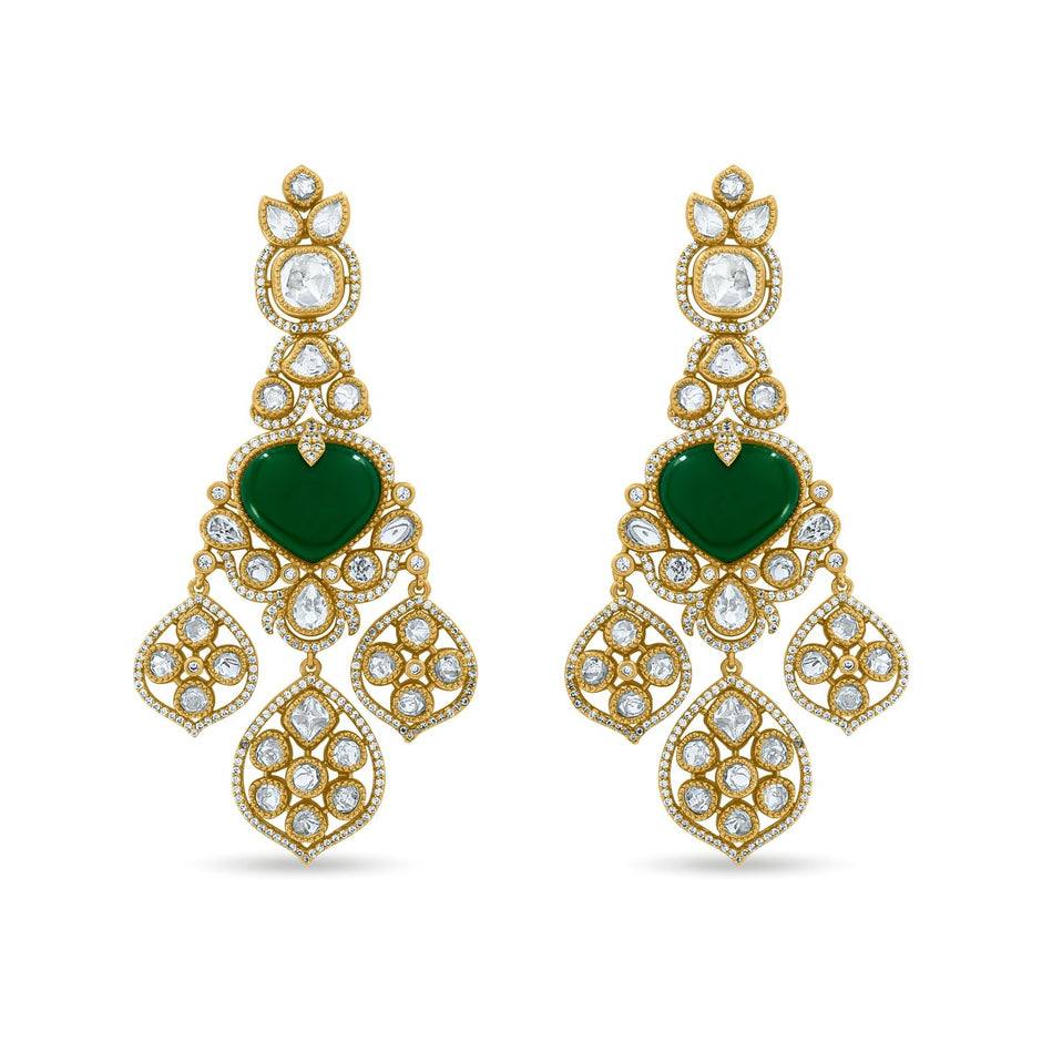 Bhavmayi Royal Heart-Drop Emerald & Gold Filigree Statement Earrings - bhavmayi