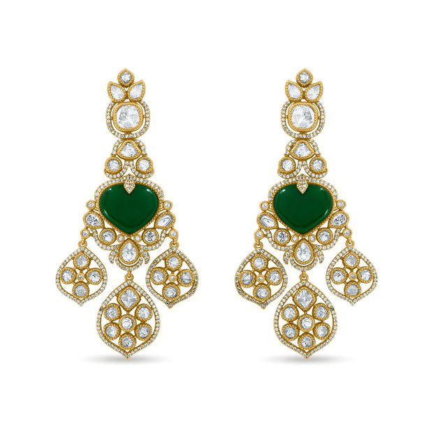 Bhavmayi Royal Heart-Drop Emerald & Gold Filigree Statement Earrings - bhavmayi