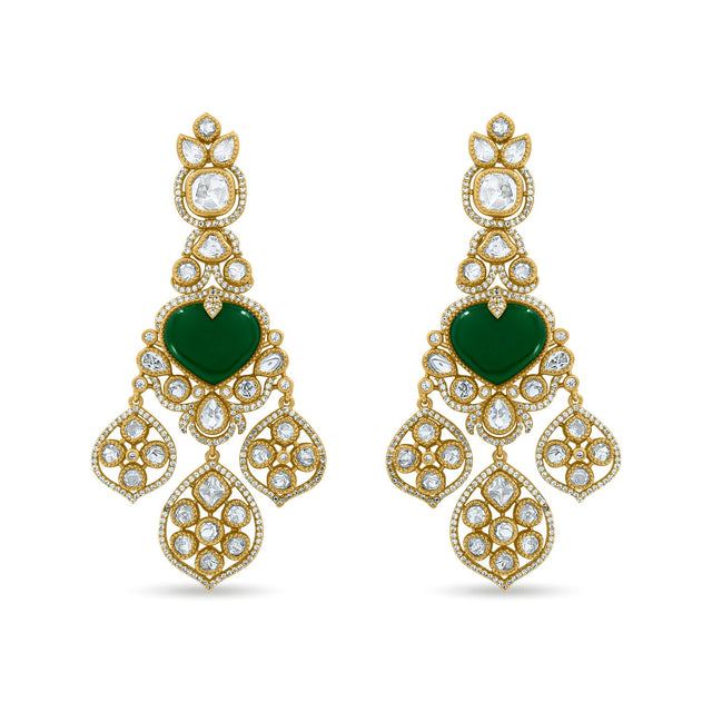 Bhavmayi Royal Heart-Drop Emerald & Gold Filigree Statement Earrings - bhavmayi