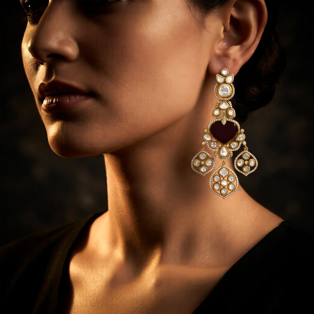 Bhavmayi Royal Heart-Drop Emerald & Gold Filigree Statement Earrings - bhavmayi