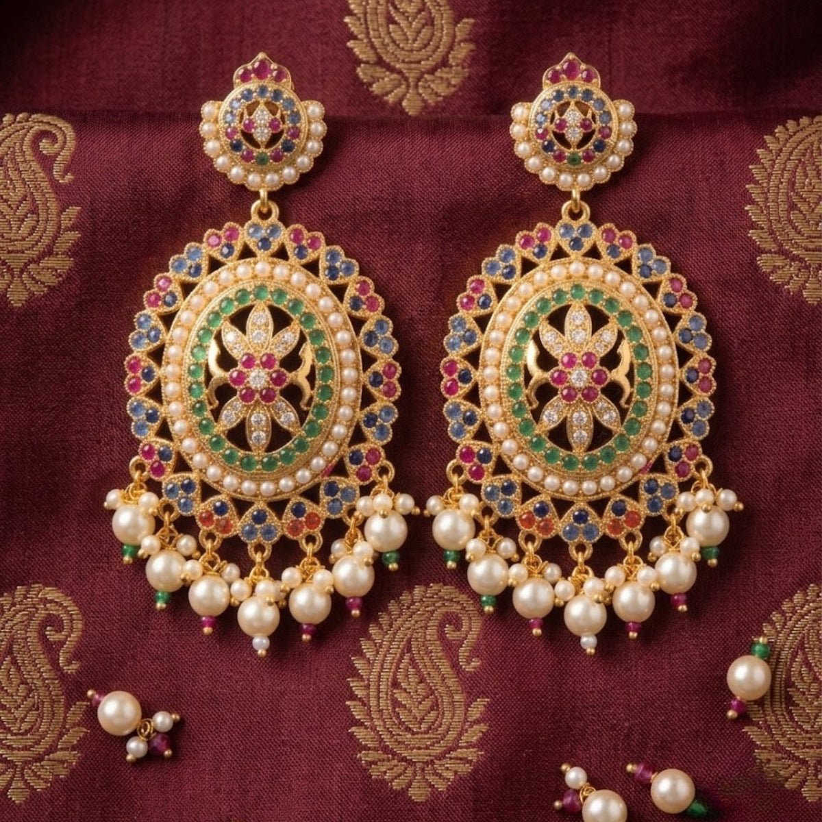 Bhavmayi Royal Multi-Color Navratna-Inspired Chandbali Drop Earrings with Pearl Fringe - bhavmayi