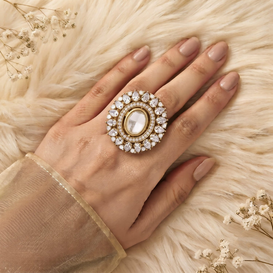 Bhavmayi Royal Polki Emeralds and Diamonds Mandala Statement Ring - bhavmayi